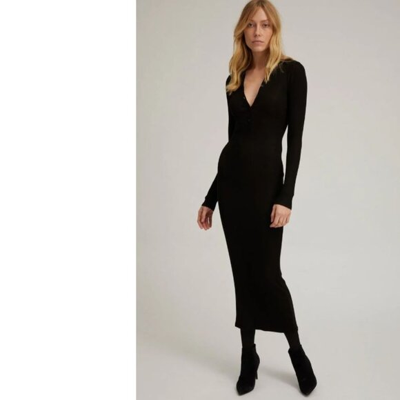 SPRWMN Sz S Black Rib Long Sleeve Polo Maxi Dress - Picture 1 of 6